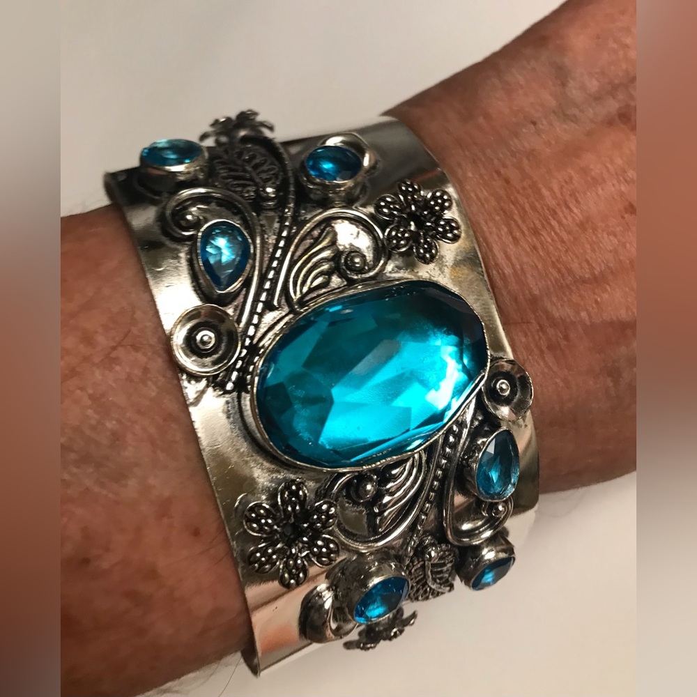 Blue Topaz Stamped Solid 925 Sterling Silver Cuff Bracelet